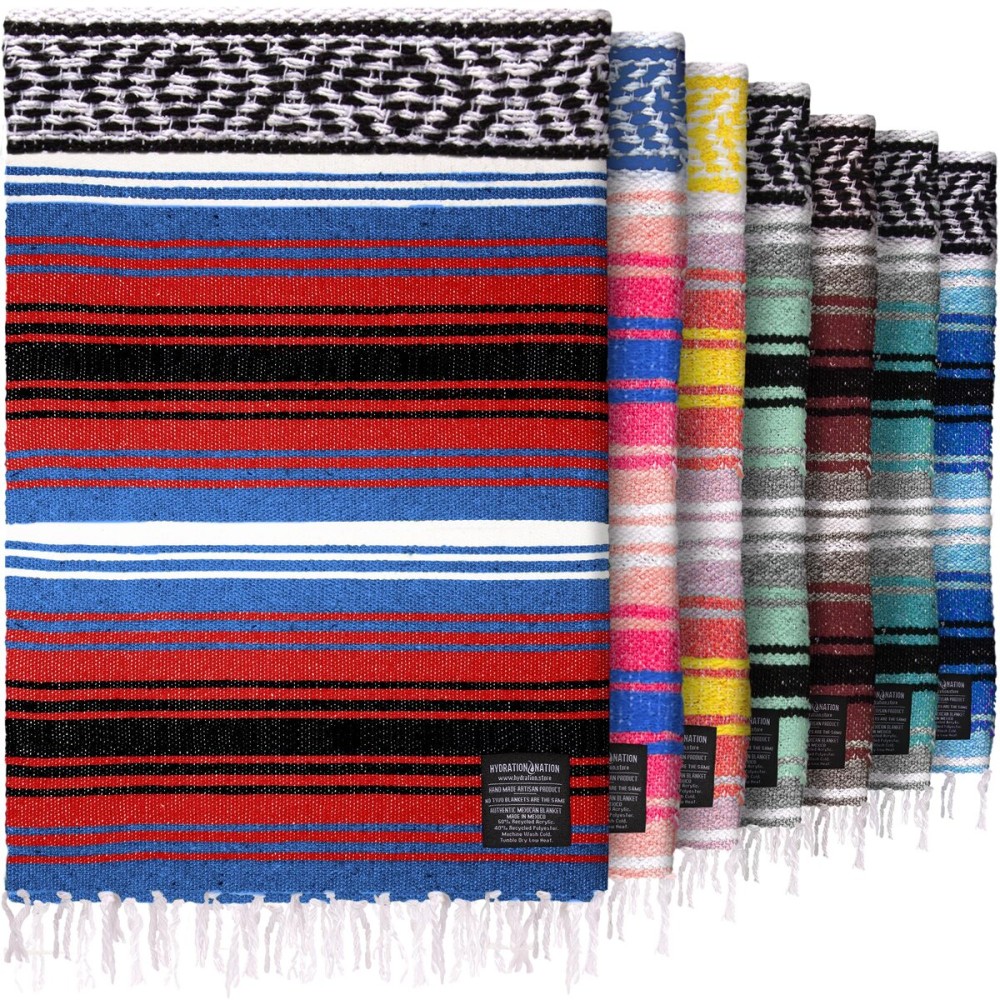 Hydration Nation Authentic Large Handwoven Mexican Striped Throw Blanket - Soft, Durable, Eco-Friendly - 70x50 - Mariner