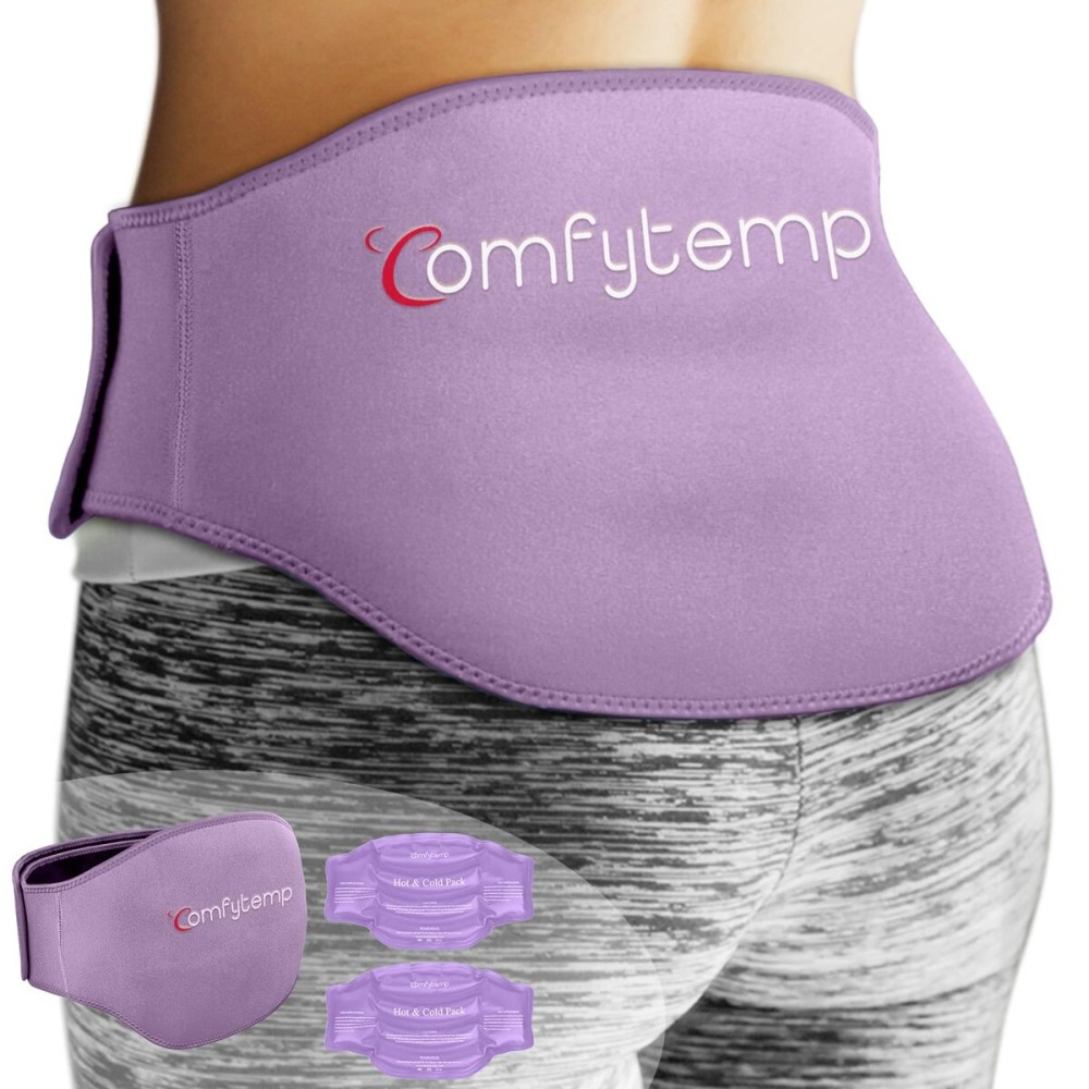 Comfytemp Ice Pack for Back Pain Relief, 2 Packs, FSA Eligible HSA, Reusable Gel Lower Back Wrap Ice Brace for Sciatica Injuries, Hot Cold Compress for Lower Lumbar, Men Women Get Well Gift (Purple)
