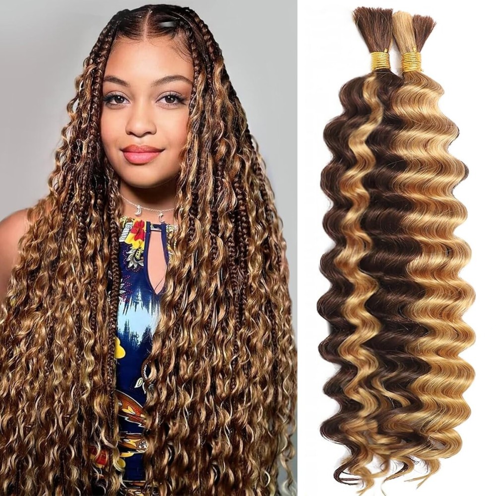 Human Braiding Hair for Boho Braids 4/27 Highlight Ombre Deep Wave Bulk Human Hair 110g 18 Inch Curly Wave Honey Blonde Human Hair Extensions No Weft 2 Bundles/Pack