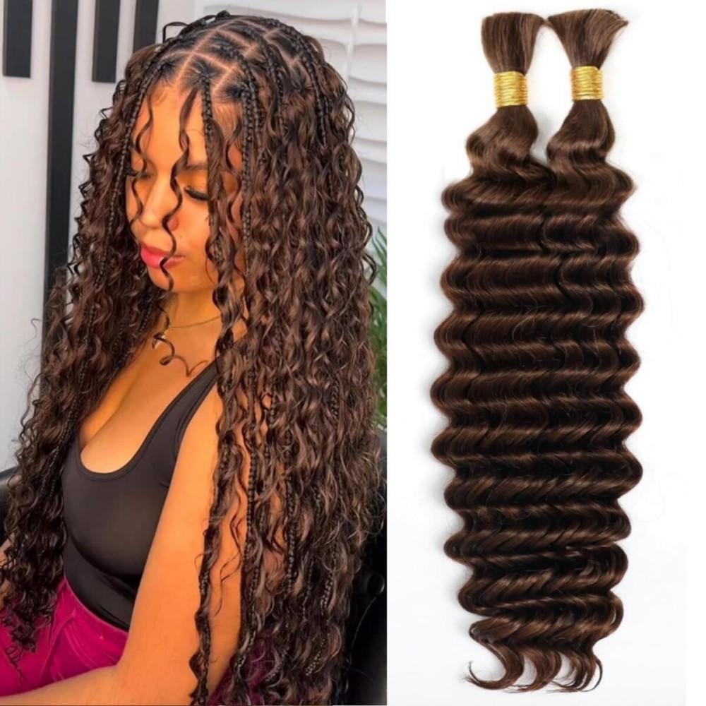 Chocolate Brown Human Braiding Hair for Boho Braids 4 Deep Water Wave Bulk Human Hair 110g 22 Inch Curly Human Hair Extensions Wet and Wavy Braiding Hair No Weft 2 Bundles/Pack