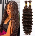Chocolate Brown Human Braiding Hair for Boho Braids 4 Deep Water Wave Bulk Human Hair 110g 22 Inch Curly Human Hair Extensions Wet and Wavy Braiding Hair No Weft 2 Bundles/Pack