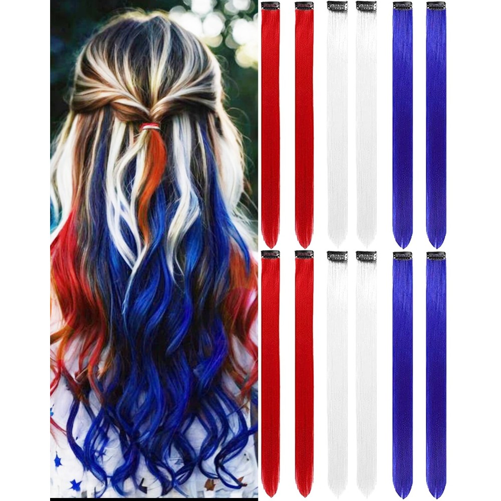 Olldag 12 PCS Red White Blue Clip-In Straight Hair Extensions, 22 Inch Colored Party Synthetic Neon Highlights, Rainbow Hair Accessories for Girls Women Kids