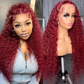 Bworto Burgundy Wig Human Hair 99j Burgundy 13x6 Deep Wave Lace Front Wigs Human Hair Pre Plucked HD Transparent Lace Frontal Wigs for Black Women Red Colored Wig 20 Inch