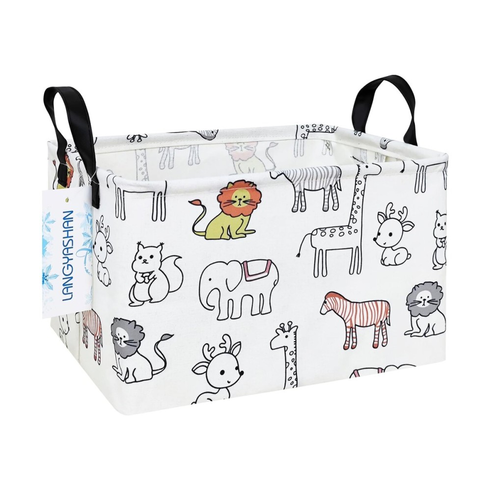 LANGYASHAN Rectangular Storage Bin Collapse Canvas Fabric Cartoon Storage Basket with Handles for Organizing Home Kitchen Boys and Girls Toys Office Closet Shelf Baskets (Rec Simplified Zoo)