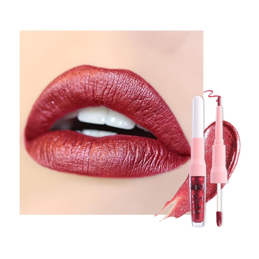 Kaely 2-in-1 Dark Red Metallic Lipstick and Lip Liner, Shimmer Liquid Metallic Lipsticks for Women, Glitter Lip Gloss Stain Long Lasting Waterproof Smudge Proof 24 Hour, Vegan Makeup, 01