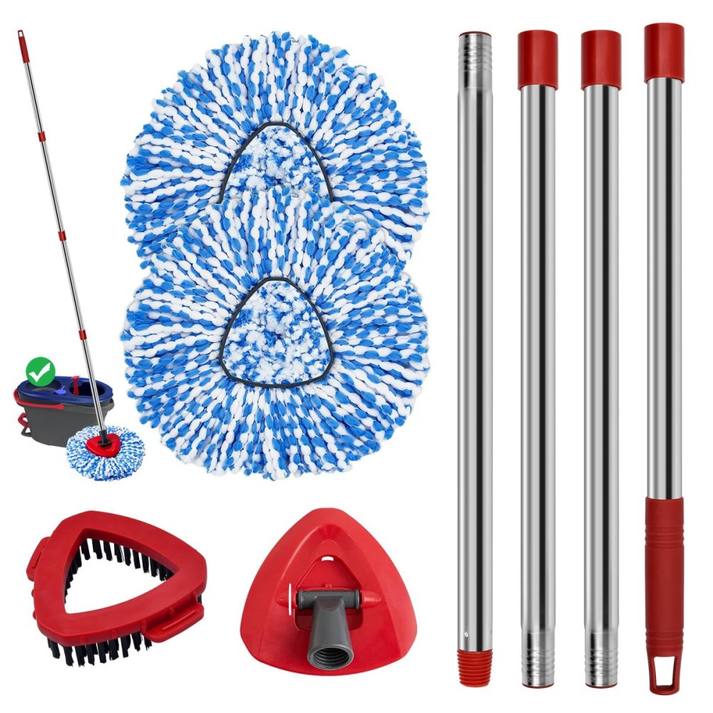 Spin Mop Handle Mop Heads and Base Replacement Sets Compatible with O Cedar EasyWring Rinseclean 2 Tank System, Flexible & Reusable(1 Sets Stainless Steel Handle & 2 Refills & 1 Base & 1 Scrub Brush)