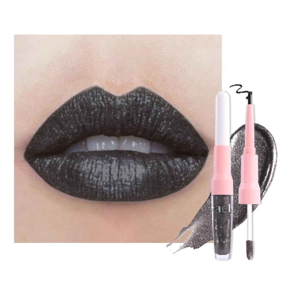 Kaely 2-in-1 Black Coal Metallic Lipstick and Lip Liner, Shimmer Liquid Metallic Lipsticks for Women, Glitter Lip Gloss Stain Long Lasting Waterproof Smudge Proof 24 Hour, Vegan Makeup, 17