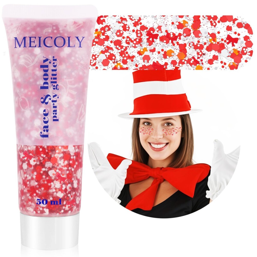 MEICOLY Red and White Face Body Glitter for Reading Week World Book Day,Cat Costume for Kids Girls Adults,Book Character Costumes for Kids,Cosplay Accessories for Halloween Festival