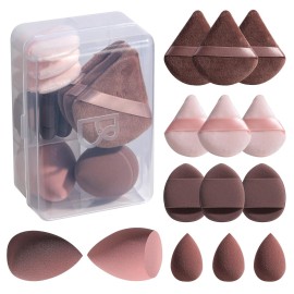 Makeup Sponge Set BS-MALLTriangle Puff 14 Pcs for Liquid, Cream, and Powder, Multi-colored Makeup Sponges and Mini Makeup Sponge (D-Coffee)