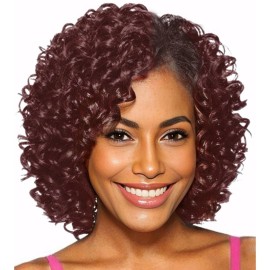 XIUFAXIRUSI XIUFAXIRUSI Burgundy Curly Wigs for Black Women Short Afro Kinky Curly Side Part Bob Wig with Dark Roots Synthetic African American Heat Resistant Wig for Daily Party