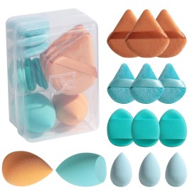 Makeup Sponge Set BS-MALLTriangle Puff 14 Pcs for Liquid, Cream, and Powder, Multi-colored Makeup Sponges and Mini Makeup Sponge (E-GreenOrange)