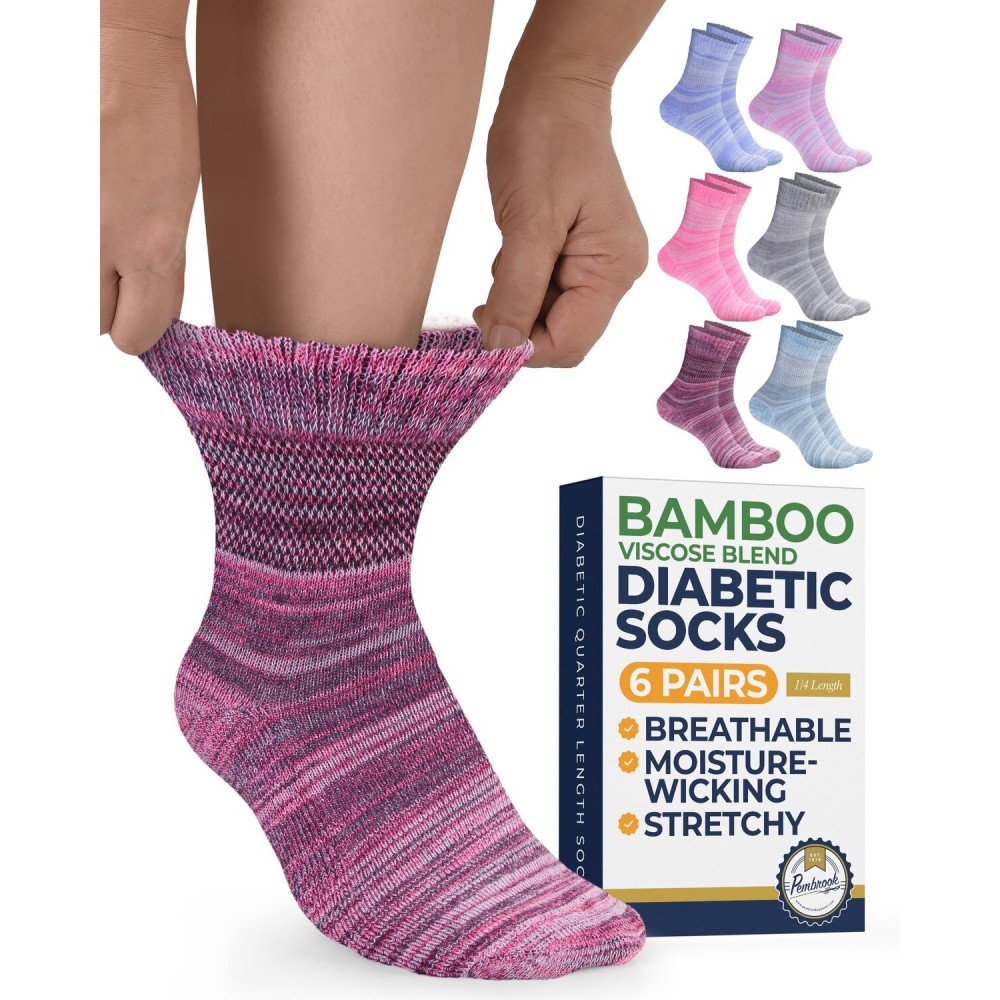 Pembrook Bamboo Viscose Diabetic Socks for Women & Men - 6 Pairs Ankle Neuropathy Socks for Swollen Feet | SpaceDye6