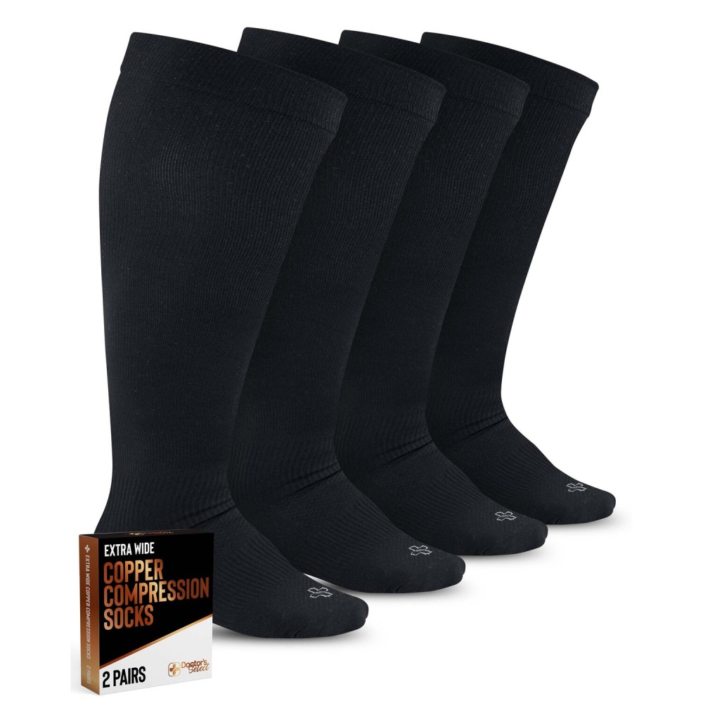Doctor\'s Select Copper Plus Size Compression Socks Wide Calf - 2 Pairs | 20-30mmHg Extra Wide Calf Compression Socks Women | Swelling & Circulation Support | Black