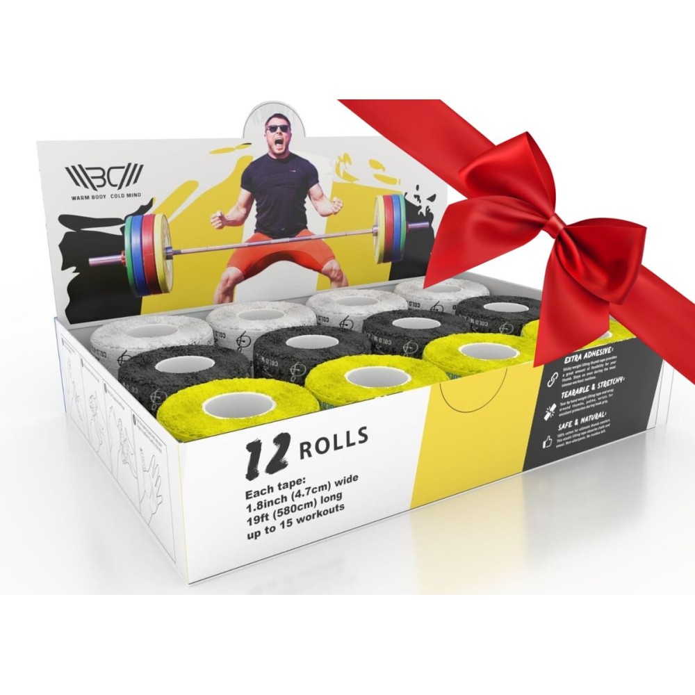 WARM BODY COLD MIND 1.85 Weightlifting Thumb Tape - Hook Grip Tape for Powerlifting, Cross Training, Gym Tape, Workout, Weight Lifting Tape, Athletic Finger Wrap (12 Rolls Mix V3)