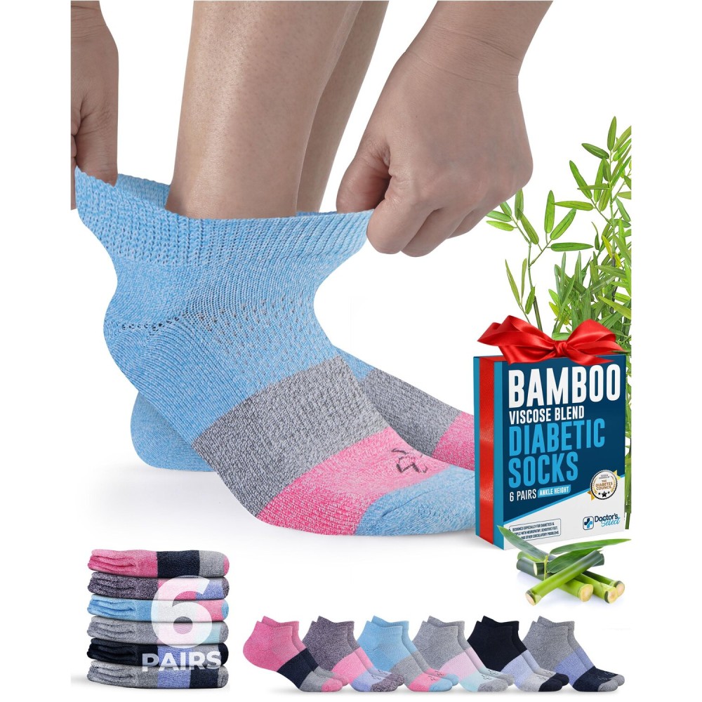 Doctor\'s Select Viscose Bamboo Ankle Diabetic Socks for Women and Men - 6 Pairs | Super Soft, Non Binding, Loose Wide Top Color Block