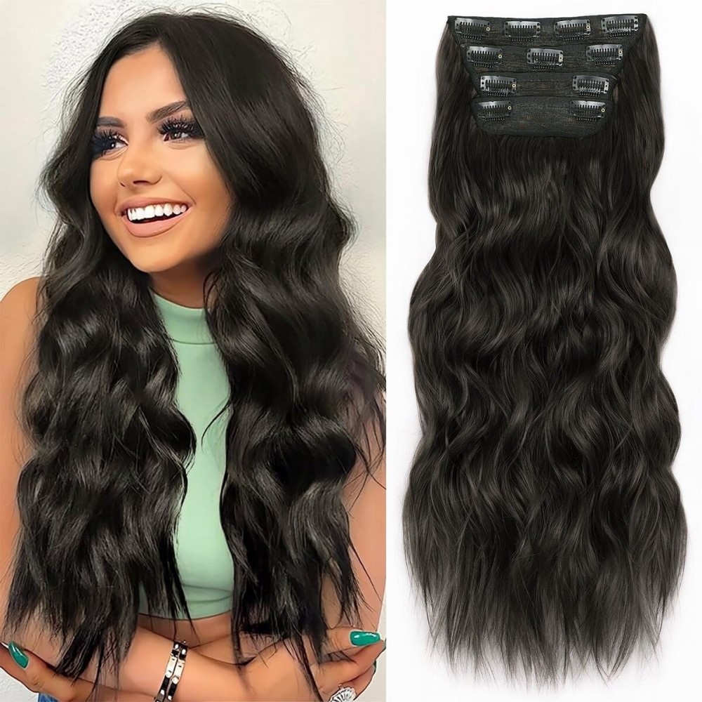ALXNAN Clip in Long Wavy Synthetic Hair Extension 20 Inch Black Brown 4PCS Thick Hairpieces Fiber Double Weft Hair for Women