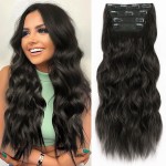 ALXNAN Clip in Long Wavy Synthetic Hair Extension 20 Inch Black Brown 4PCS Thick Hairpieces Fiber Double Weft Hair for Women