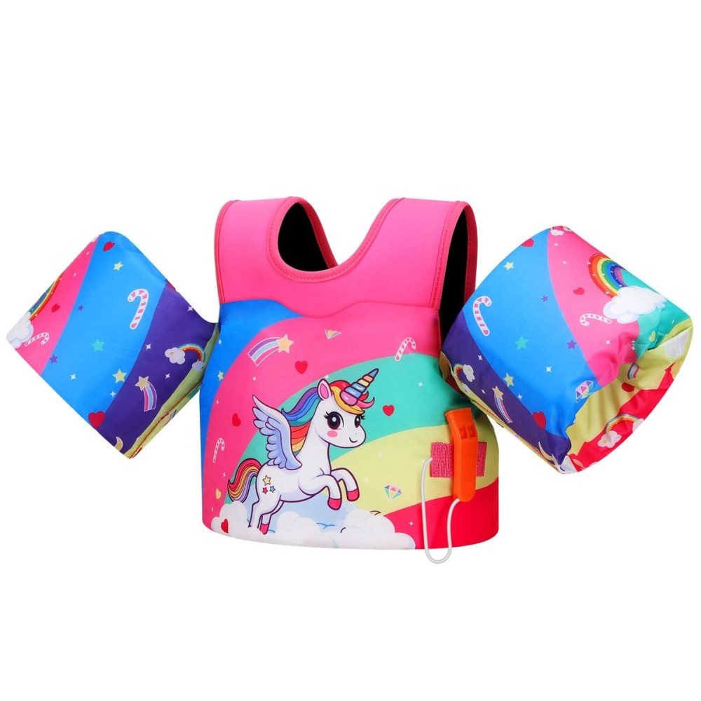 MoKo Toddler Swim Vest for Kids, Arm Floaties for Toddler 20-30-50 lbs, Water Wings with Emergency Whistle, Cute Arm Band Pool Floaties Swim Training Equipment for Beach, Pool, Pink Rainbow Unicorn