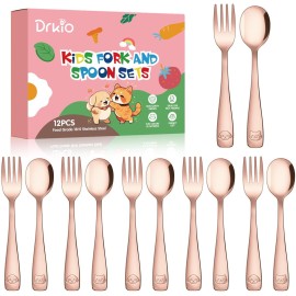 DRKIO Stainless Steel Toddler Utensils Set - 12 Pieces Kids Silverware Set Children Safe Food Grade Small Forks and Spoons Dishwasher Safe Mirror Polished