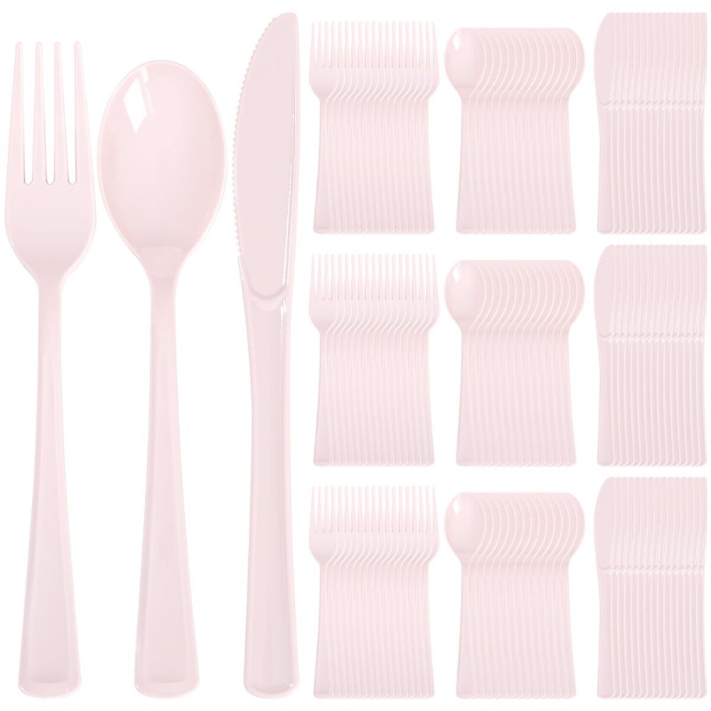 Supernal 300 Pieces Pink Plastic Silverware Heavy Duty Disposable Silverware Pink Utensils Disposable Cutlery Set 100 Forks 100 Knives 100 Spoons for Wedding Party Supplies Everyday Use