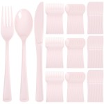 Supernal 300 Pieces Pink Plastic Silverware Heavy Duty Disposable Silverware Pink Utensils Disposable Cutlery Set 100 Forks 100 Knives 100 Spoons for Wedding Party Supplies Everyday Use