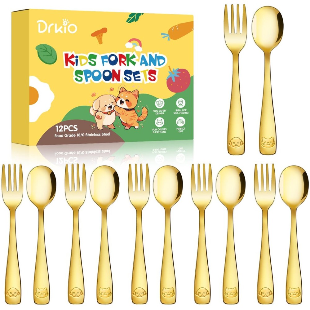 DRKIO Stainless Steel Toddler Utensils Set - 12 Pieces Kids Silverware Set Children Safe Food Grade Small Forks and Spoons Dishwasher Safe Mirror Polished