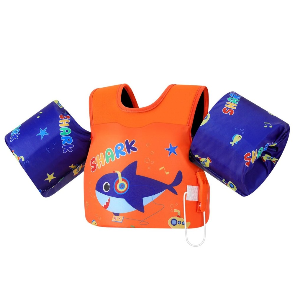 MoKo Toddler Swim Vest for Kids, Arm Floaties for Toddler 20-30-50 lbs, Water Wings with Emergency Whistle, Cute Arm Band Pool Floaties Swim Training Equipment for Pool, Orange Blue Headset Shark