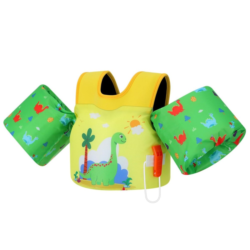MoKo Toddler Swim Vest for Kids, Arm Floaties for Toddler 20-30-50 lbs, Water Wings with Emergency Whistle, Cute Arm Band Pool Floaties Swim Training Equipment for Pool, Yellowish Green Dinosaur