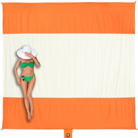 WEKAPO Beach Blanket - Sandproof Waterproof Extra Large Beach Mat | Oversized Sand-Free Lightweight Quick-Drying | Beach Vacation Essentials with Stakes & Corner Pockets (Orange, 7x7 FT)