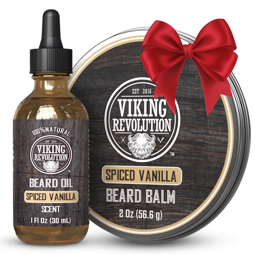 Viking Revolution Spiced Vanilla Beard Balm for Men (2oz) and Beard Oil (1 fl oz) Kit - With Argan and Jojoba Oils - Soften and Moisturize - Stocking Stuffers for Men