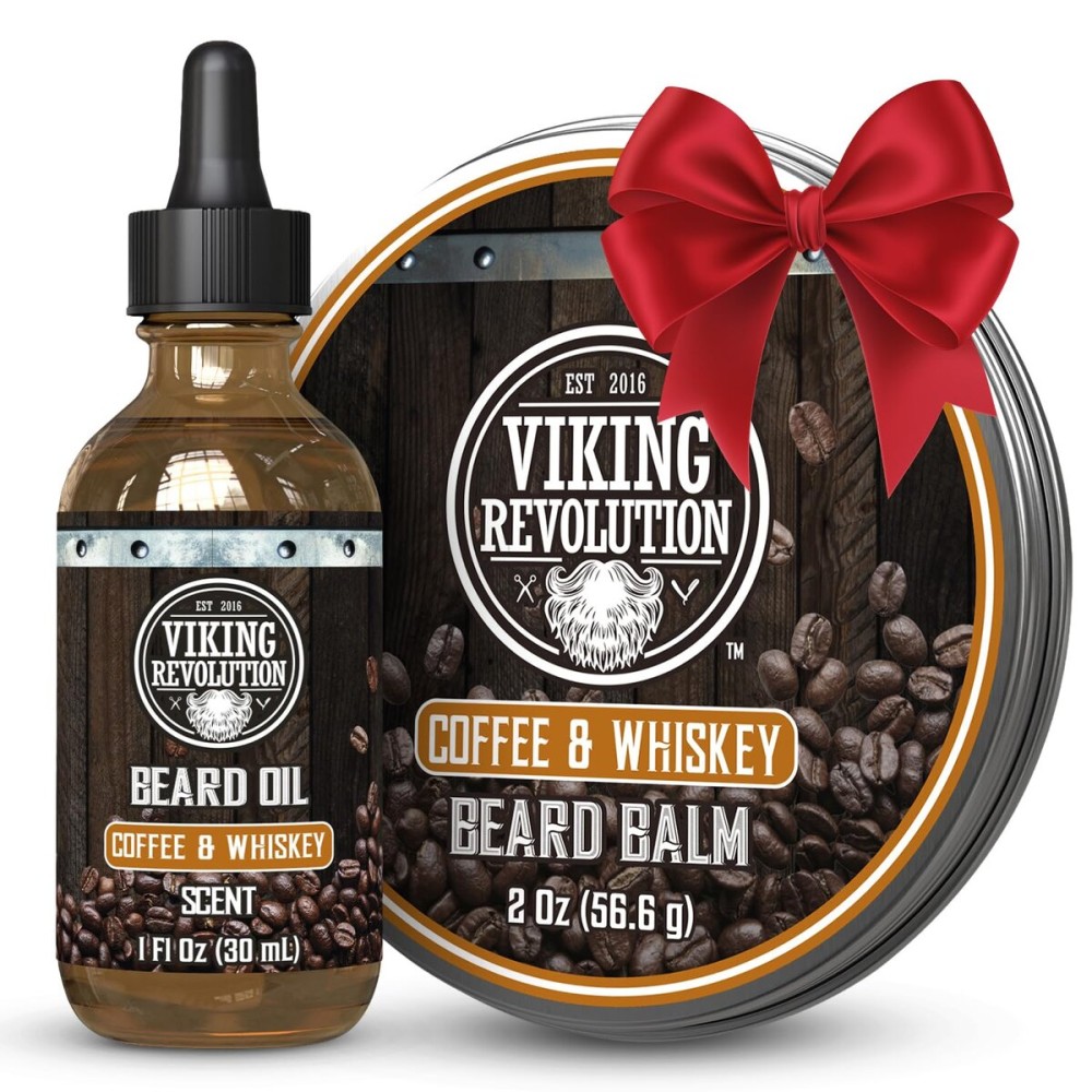Viking Revolution Coffee and Whiskey Beard Balm for Men (2oz) and Beard Oil (1 fl oz) Kit - With Argan and Jojoba Oils - Soften and Moisturize - Stocking Stuffers for Men