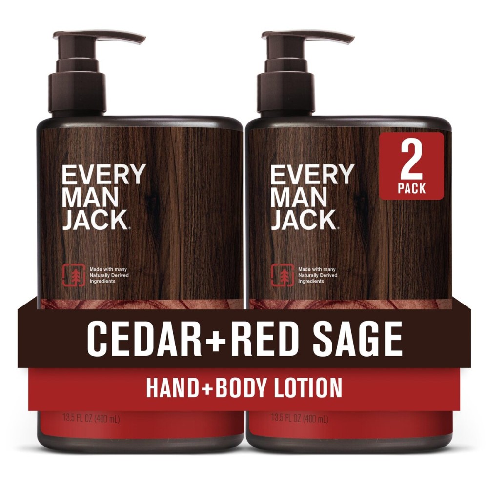 Every Man Jack Mens Cedar+ Red Sage Hand & Body Lotion for All Skin Types - Dermatologist Tested & Hypoallergenic - Nourish Skin with Lightweight Fast Absorbing Lotion - 13.5oz (2 Pack)