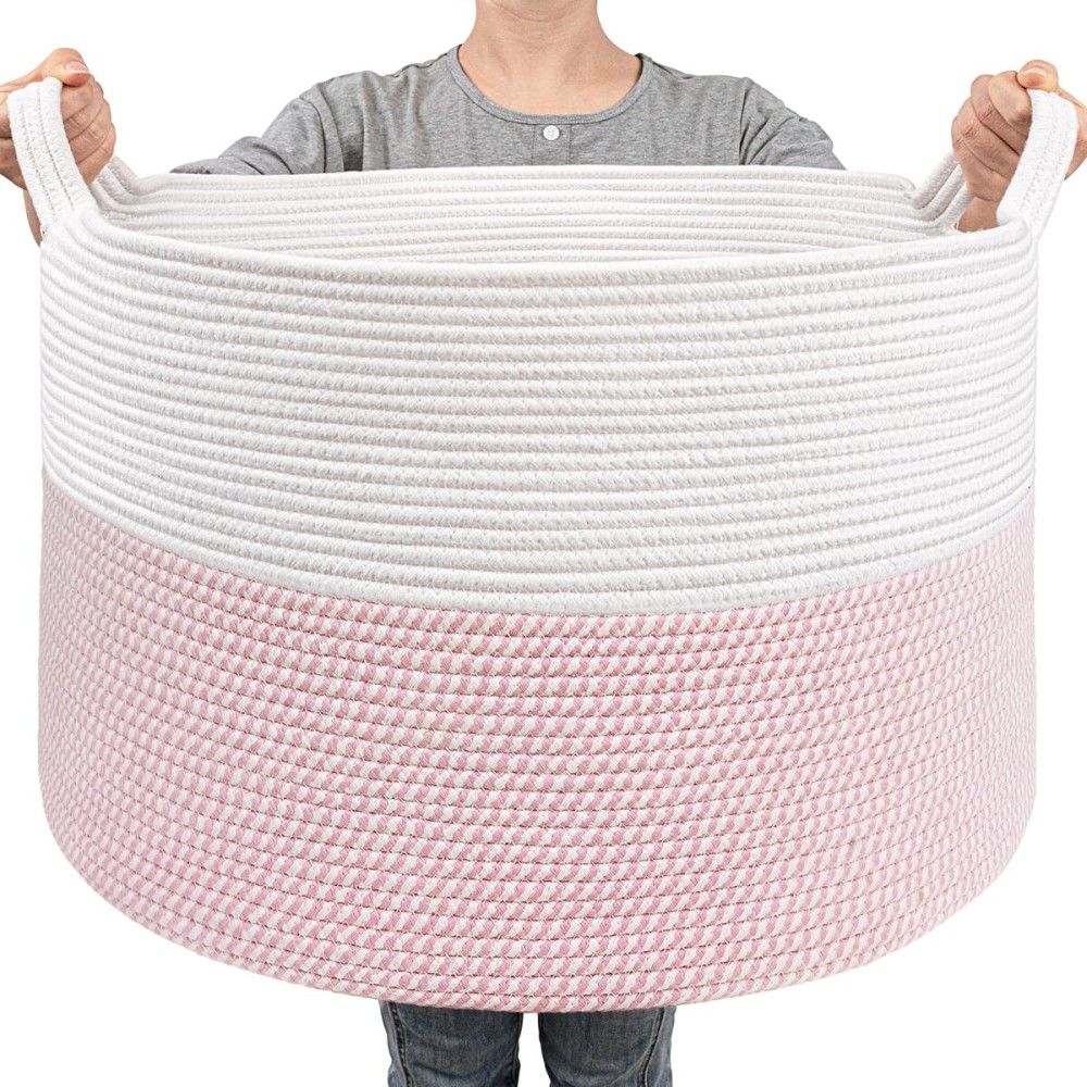 Goodpick Large Storage Basket 22\'\' x 14\'\', Baby Basket for Blankets Living Room, Toy Storage Organizer for Clothes, Toys, Pink