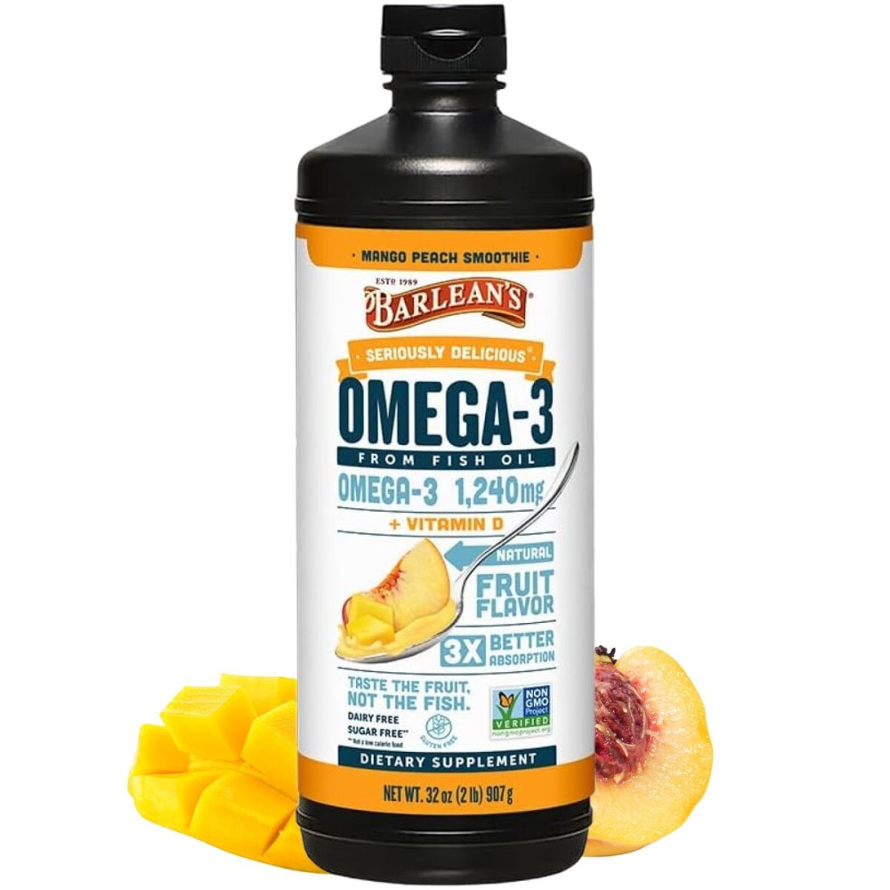 Barlean\'s Omega 3 Fish Oil Liquid Supplement with Vitamin D for Men and Women, 1080mg of EPA and DHA Fatty Acid, Promotes Brain & Heart Health - Non-GMO, Mango Peach, 32 oz