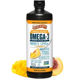 Barlean\'s Omega 3 Fish Oil Liquid Supplement with Vitamin D for Men and Women, 1080mg of EPA and DHA Fatty Acid, Promotes Brain & Heart Health - Non-GMO, Mango Peach, 32 oz