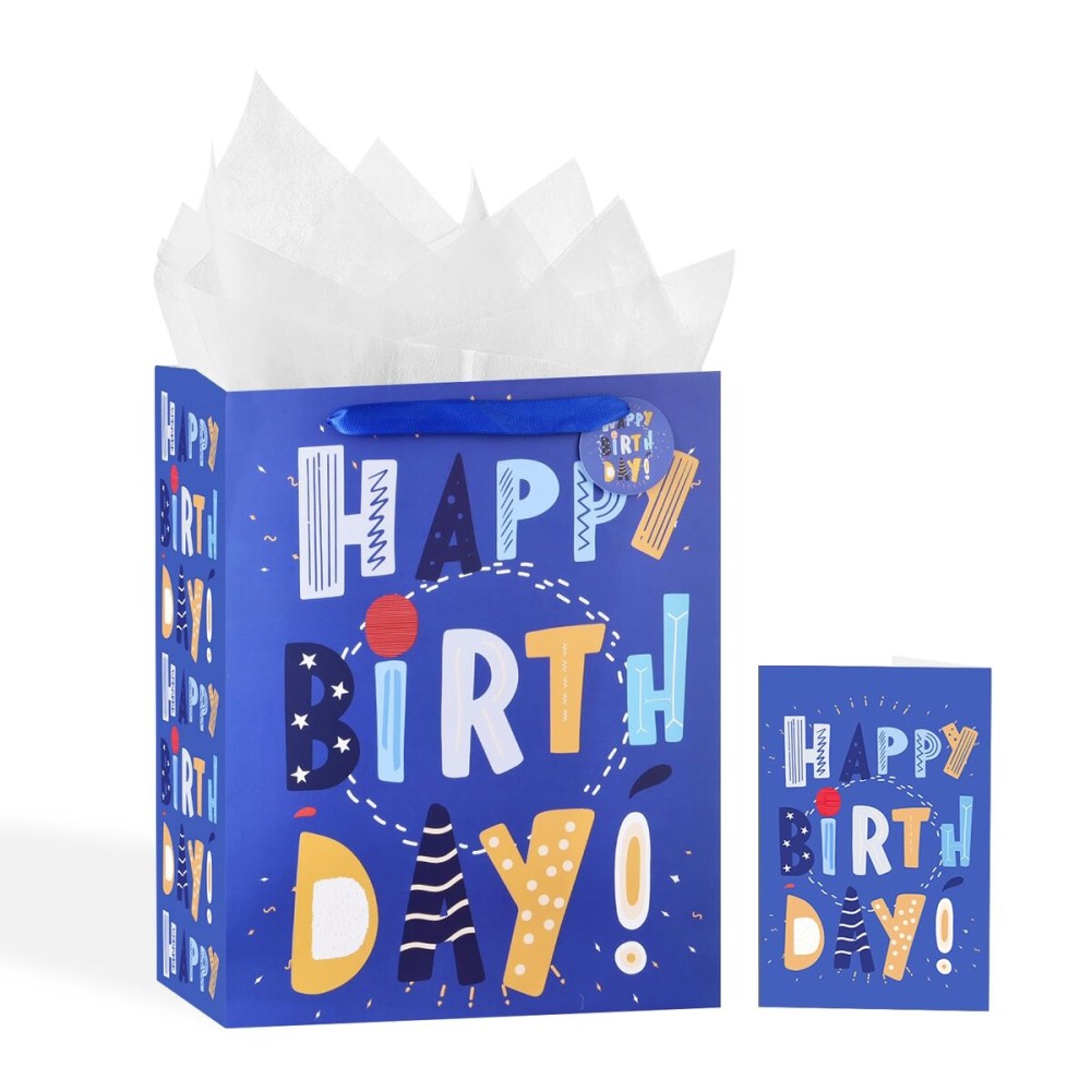 13 Blue Happy Birthday Bag with Tissue Paper and Greeting Card for Party,Happy Birthday Gift Bag for Kids, Boys, Girls, Baby Boy,Men Women,Gift Bags Medium size (1 PCS Blue, Kids Gift Bag)