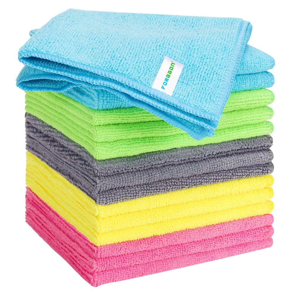 Forggon 15pcs Microfiber Cleaning Cloth Lint Free, Absorbent, Streak Free, Non-Abrasive, Reusable and WashableCleaning Towels with 5 Color Assorted,11.5X11.5(Green/Blue/Yellow/Pink/Grey)