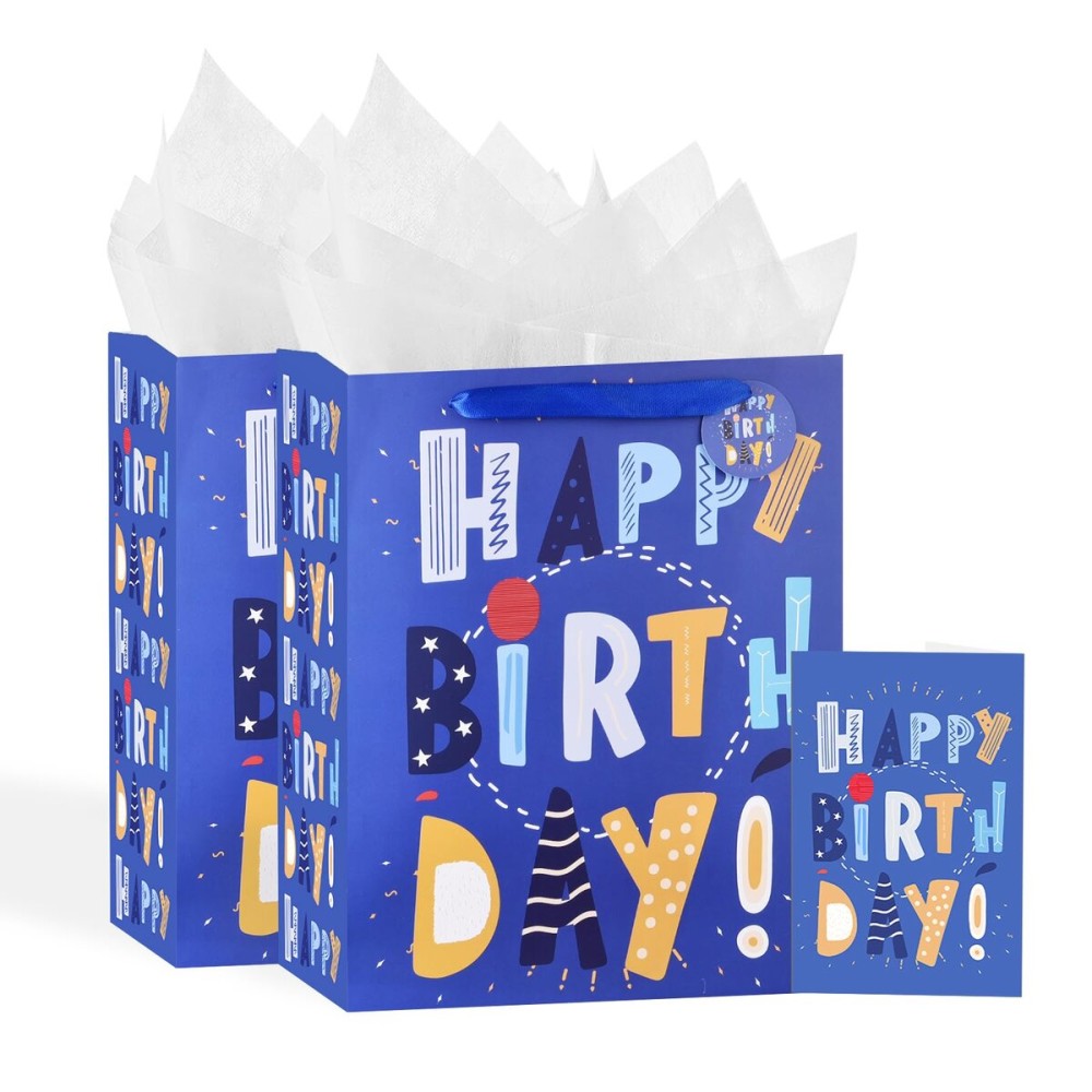 13 Blue Happy Birthday Bag with Tissue Paper and Greeting Card for Party,Happy Birthday Gift Bag for Kids, Boys, Girls, Baby Boy,Men Women,Gift Bags Medium size (2 PCS Blue, Kids Gift Bag)
