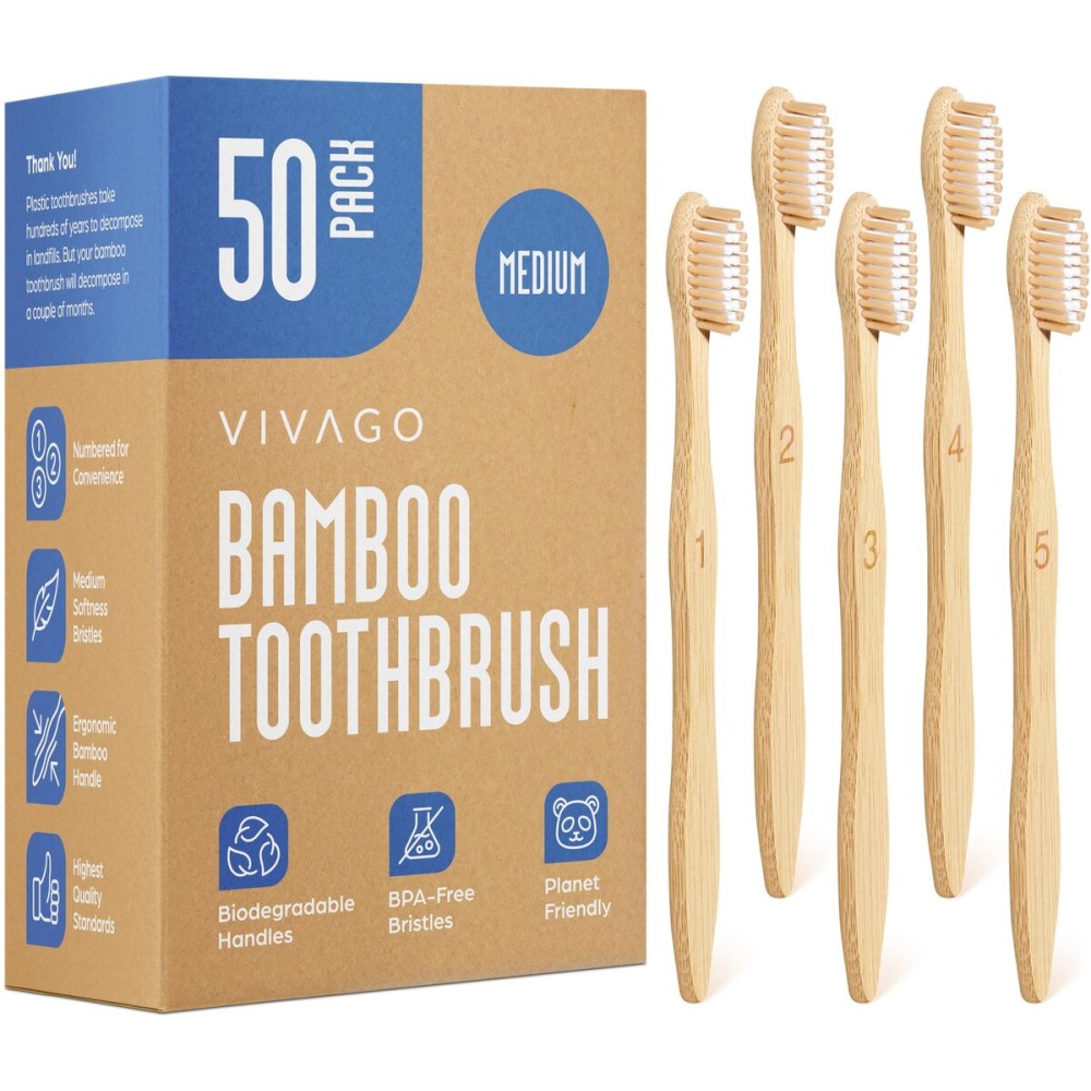 VIVAGO Bamboo Toothbrushes Medium Bristles 50 Pack - BPA Free Medium Bristles Toothbrushes for Adults - Eco-Friendly, Natural Wooden Toothbrush