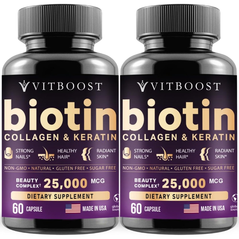 Vitboost Biotin with Hyaluronic Acid, Collagen and Keratin - 25000 mcg Hair Growth Vitamins for Men and Women - Nails and Skin, USA Made - Third Party Tested, B1, B2, B3, B6, B7 Complex - 120 Capsules
