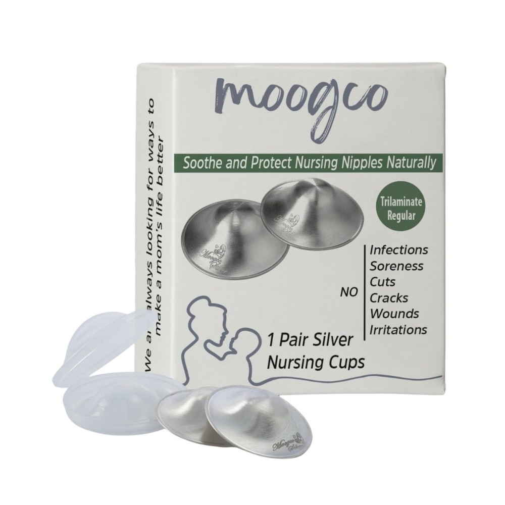 MOOGCO The Original Silver Nursing Cups - 999k Silver Nipple Cups - Nipple Shields for Breastfeeding Newborn - Protective Silver Nipple Covers for Nursing Moms (TriLaminate Regular)