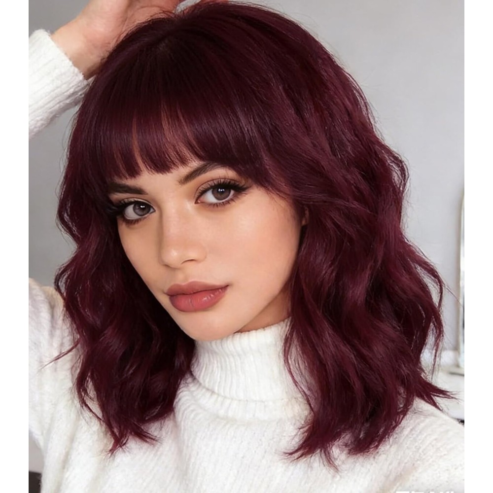 WAVE&BREEZE Red Wig with Bangs Short Curly Bob Wine Red Wigs for Women 14 Inch Shoulder Length Natural Looking Hair Replacement Wigs for Cosplay Party Use