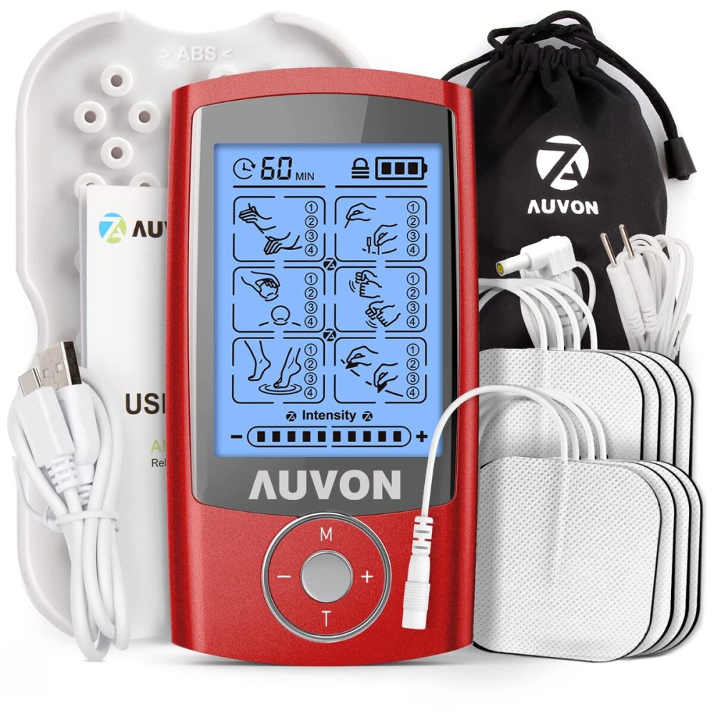 AUVON Rechargeable TENS Unit Muscle Stimulator, 24 Modes 4th Gen TENS Machine with 8pcs 2x2 Premium Electrode Pads for Pain Relief