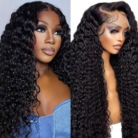 FIRIEYA 13x6 Deep Wave Lace Front Wigs Human Hair 200 Density HD Full Lace Frontal Wigs for Women Deep Curly Glueless Wig Human Hair Pre Plucked 18 Inch