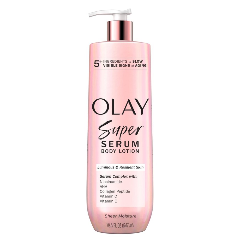 Olay Super Serum Hand & Body Lotion for Dry Skin, 24hr Long Lasting Hydration, 5+ Ingredient Serum Complex for Bright Even Firm Luminous Skin, Sweet Vanilla & Soft Wood Scent, 18.5 fl oz
