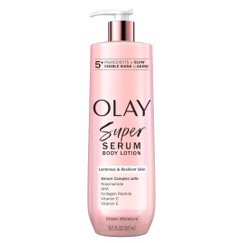 Olay Super Serum Hand & Body Lotion for Dry Skin, 24hr Long Lasting Hydration, 5+ Ingredient Serum Complex for Bright Even Firm Luminous Skin, Sweet Vanilla & Soft Wood Scent, 18.5 fl oz
