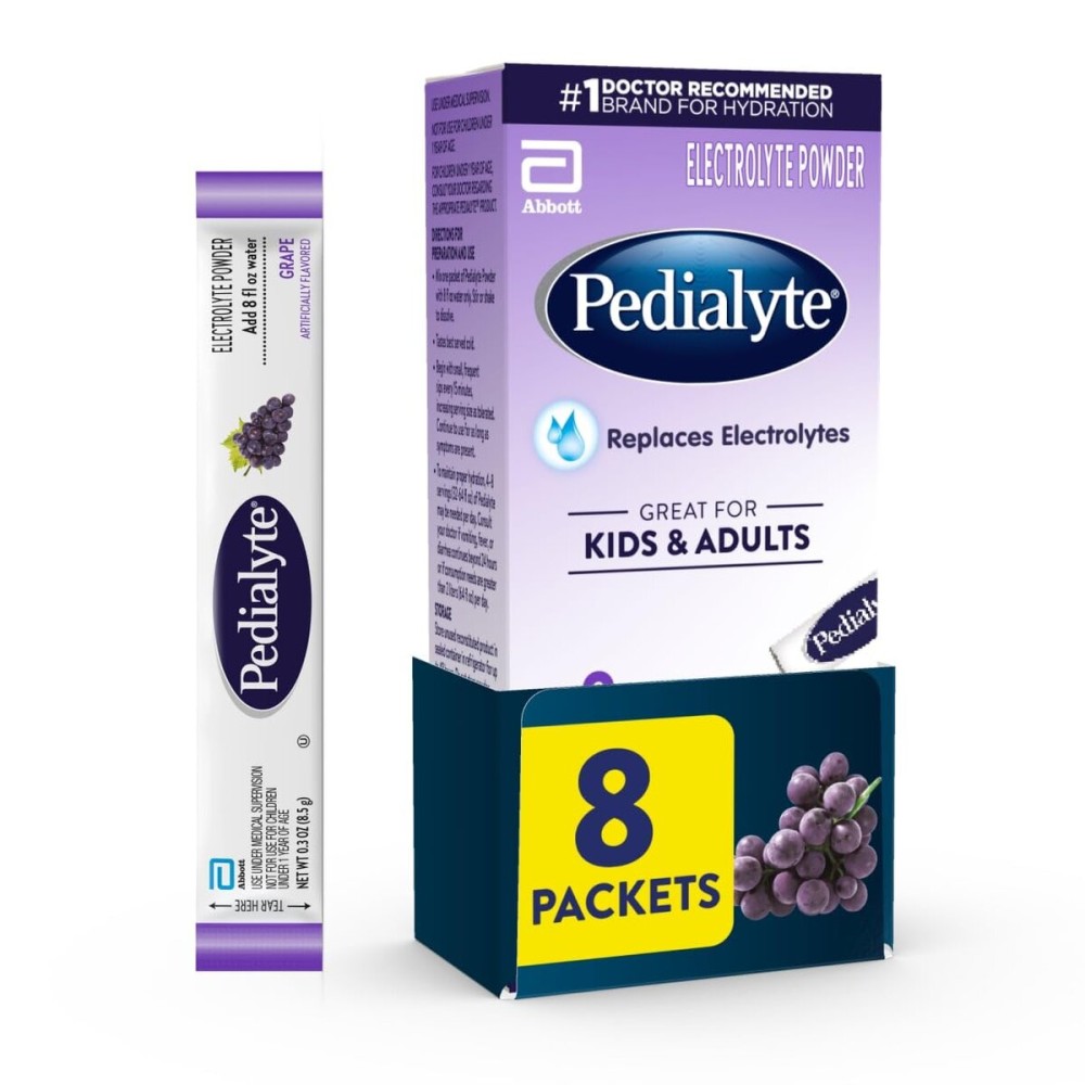 Pedialyte Electrolyte Powder, Hydration Drink for Kids & Adults, Grape, 8 Powder Packets