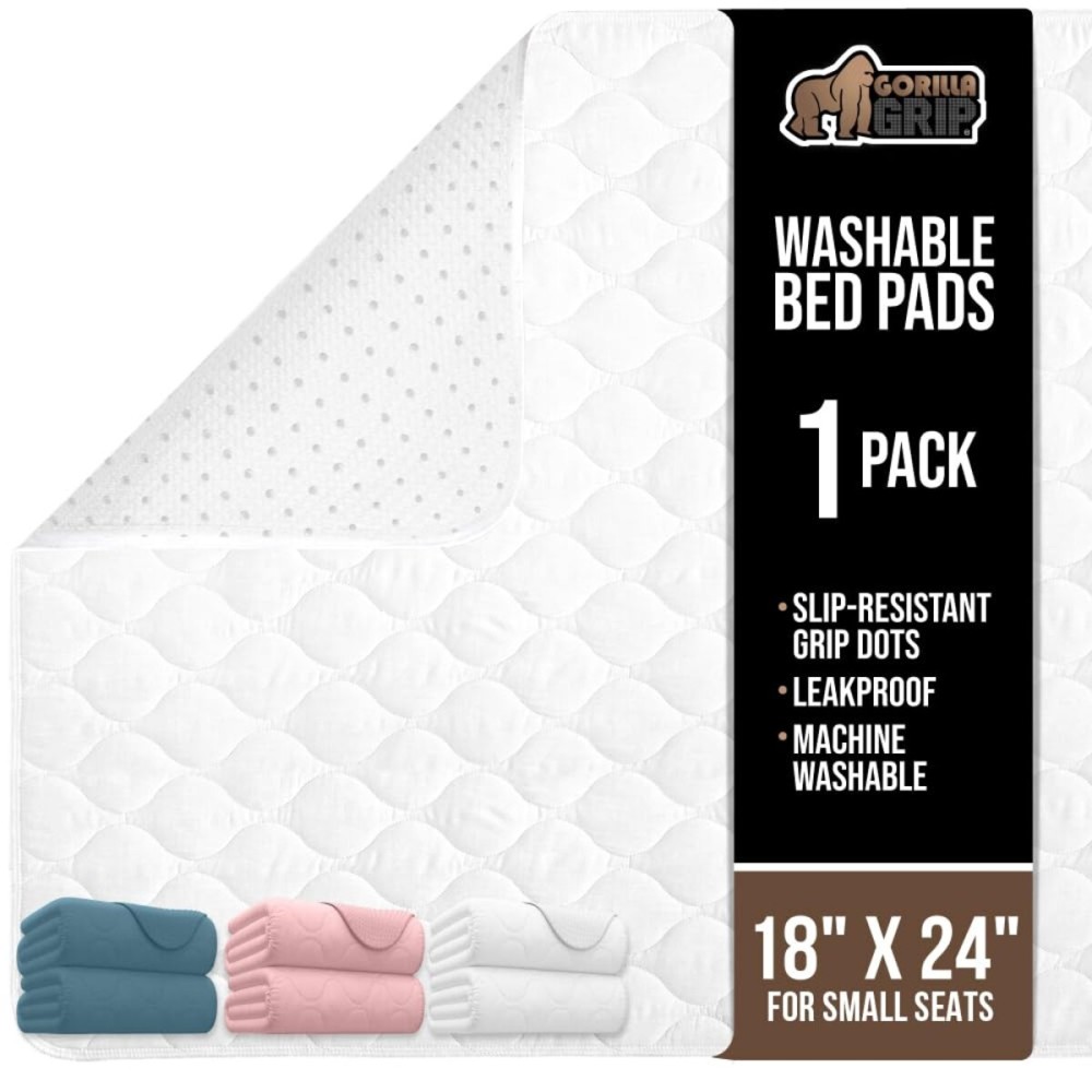 GORILLA GRIP Washable Underpads, Waterproof Reusable Heavy Absorbency Incontinence Bed Pads, Leak Proof Toddler Mattress Pad, 18x24 Slip Resistant Protector for Bedwetting, Adults and Kids, White