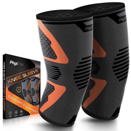 Knee Brace for Pain Relief - 2 Pack Knee Compression Sleeves for Men and Women - Support for Weightlifting, Gym, Workout, Volleyball - Meniscus Tear, ACL, Arthritis (Arrowhead, Gray/Orange, XX-Large)