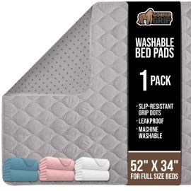 GORILLA GRIP Washable Underpads, Waterproof Reusable Heavy Absorbency Incontinence Bed Pads, Leak Proof Toddler Mattress Pad, 52x34 Slip Resistant Protector for Bedwetting, Adults and Kids, Gray